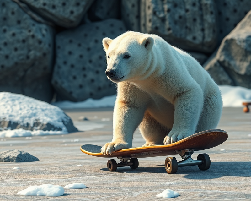 skateboard, polar bear